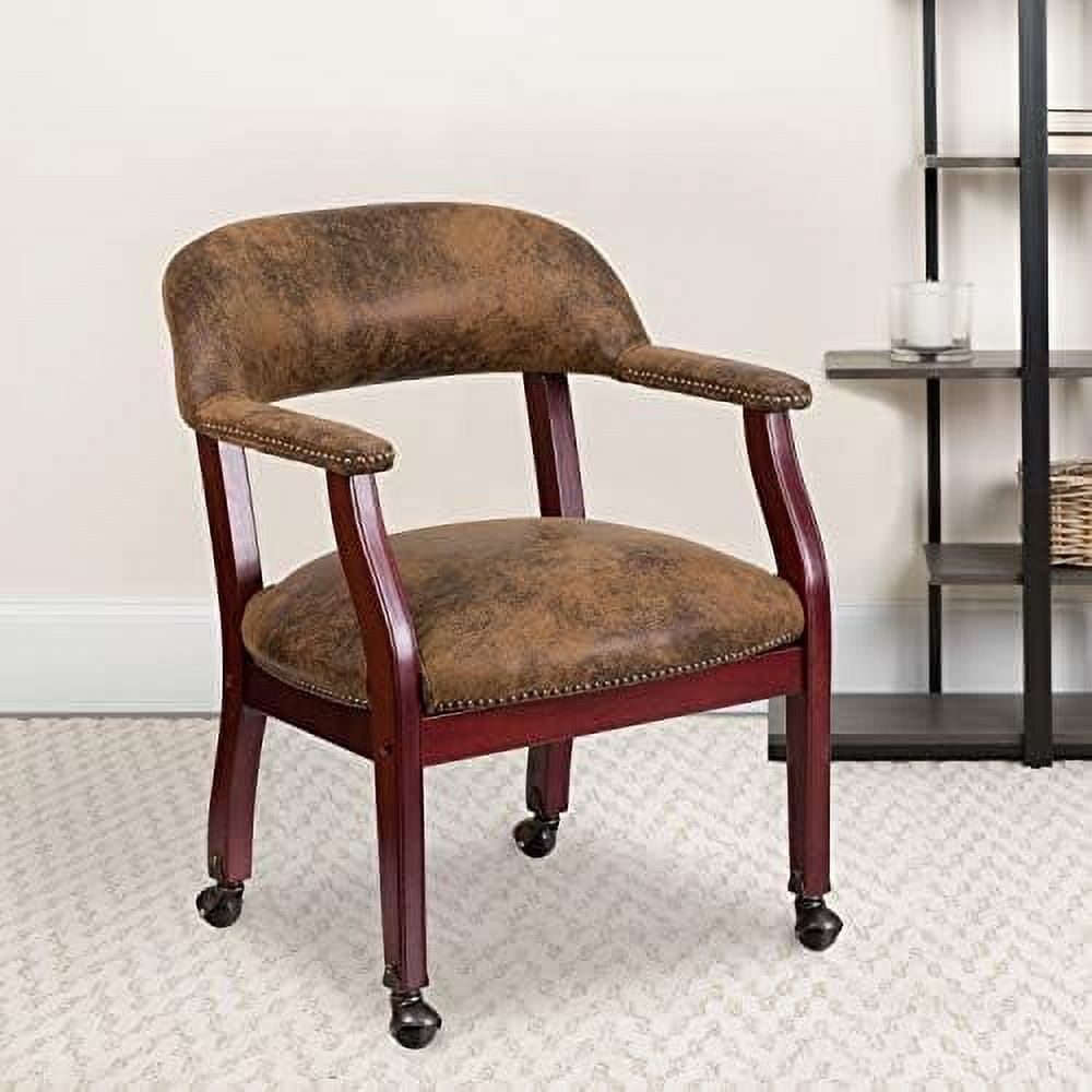 Elegant Bomber Jacket Brown Microfiber Conference Chair with Brass Accents