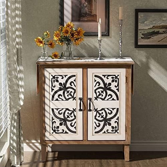 TJUNBOLIFE Farmhouse 2 Door Accent with Print Front Distressed