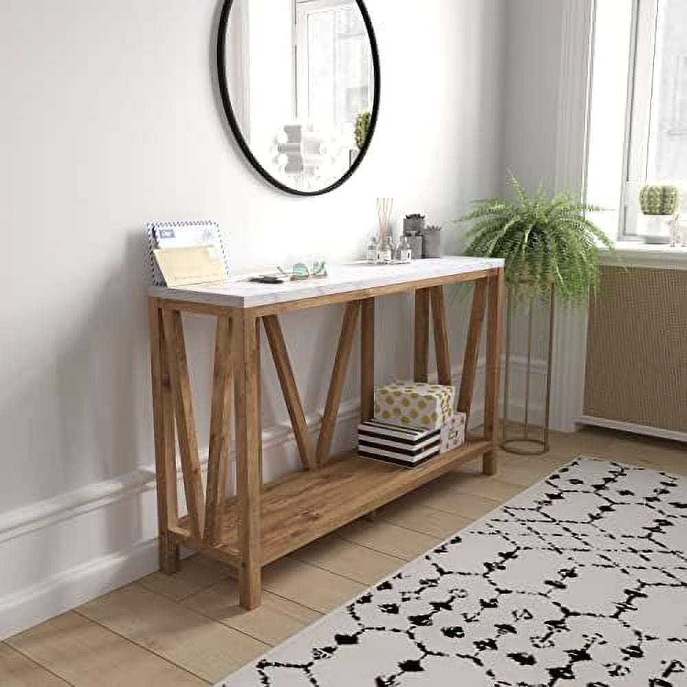 Farmhouse Marble and Warm Oak 2-Tier Console Table with Storage