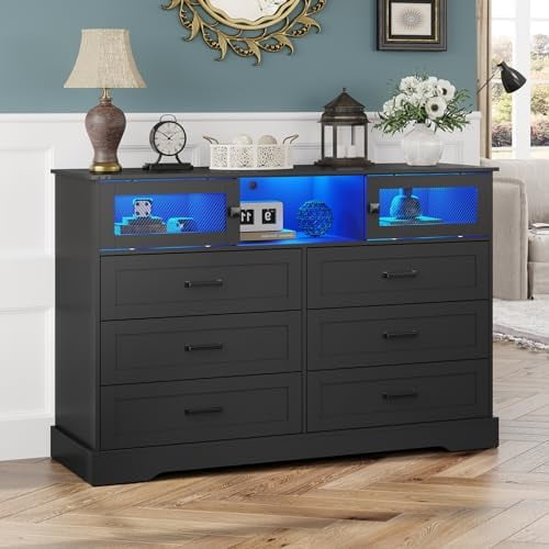 TJUNBOLIFE Farmhouse 6 Drawer Dresser with Charging Station LED Dresser ...