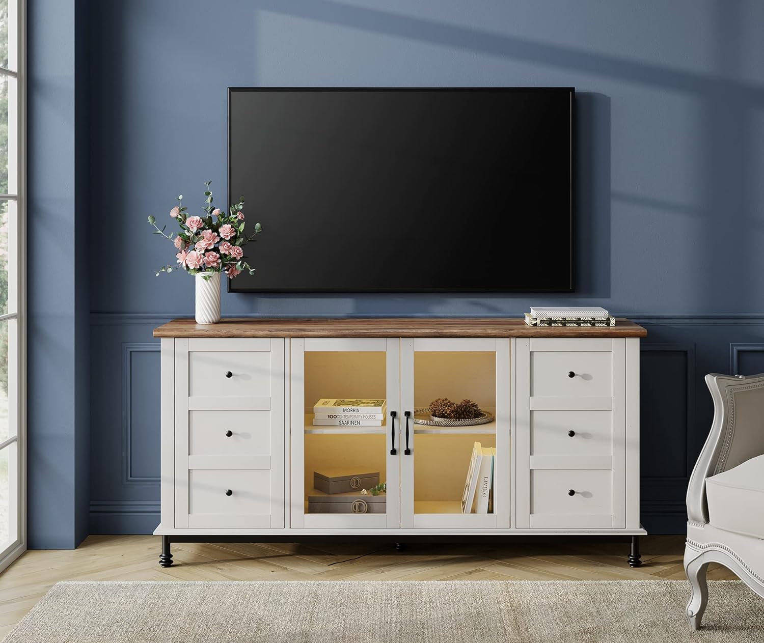 TJUNBOLIFE Farmhouse Yellow Light TV Stand for TVs Up to 75 inch Glass