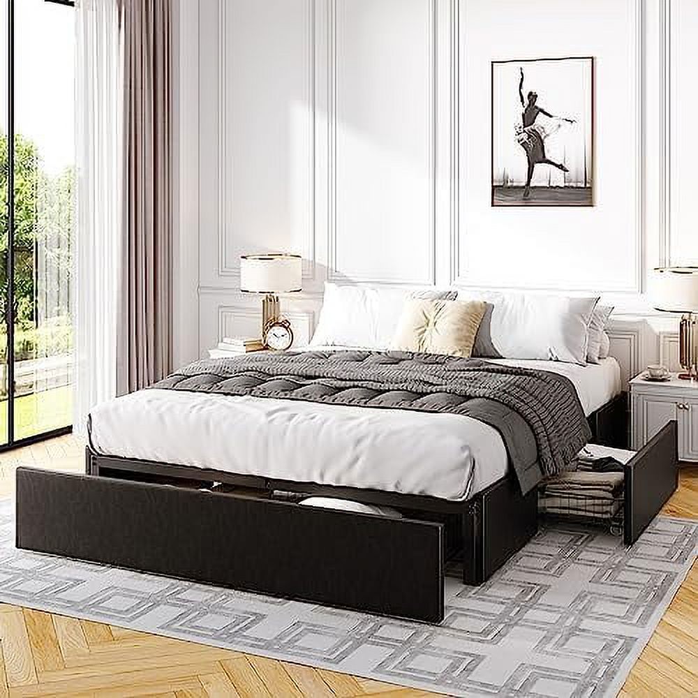 TJUNBOLIFE Full Size Platform Bed Frame with 3 Drawers Faux Leather