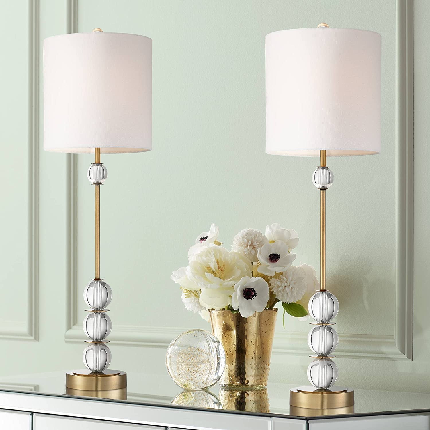 Halston Modern Buffet Table Lamps Set, Brass Crystal with Off-White Shade