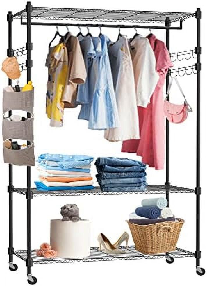 TJUNBOLIFE Heavy Duty Rolling Garment Rack 3 Tier Wire Shelving