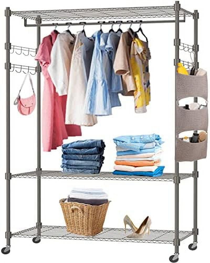TJUNBOLIFE Heavy Duty Rolling Garment Rack 3 Tier Wire Shelving
