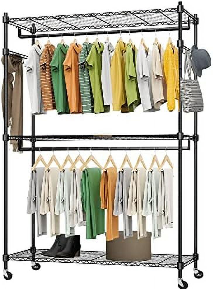 TJUNBOLIFE Heavy Duty Rolling Garment Rack 3 Tier Wire Shelving