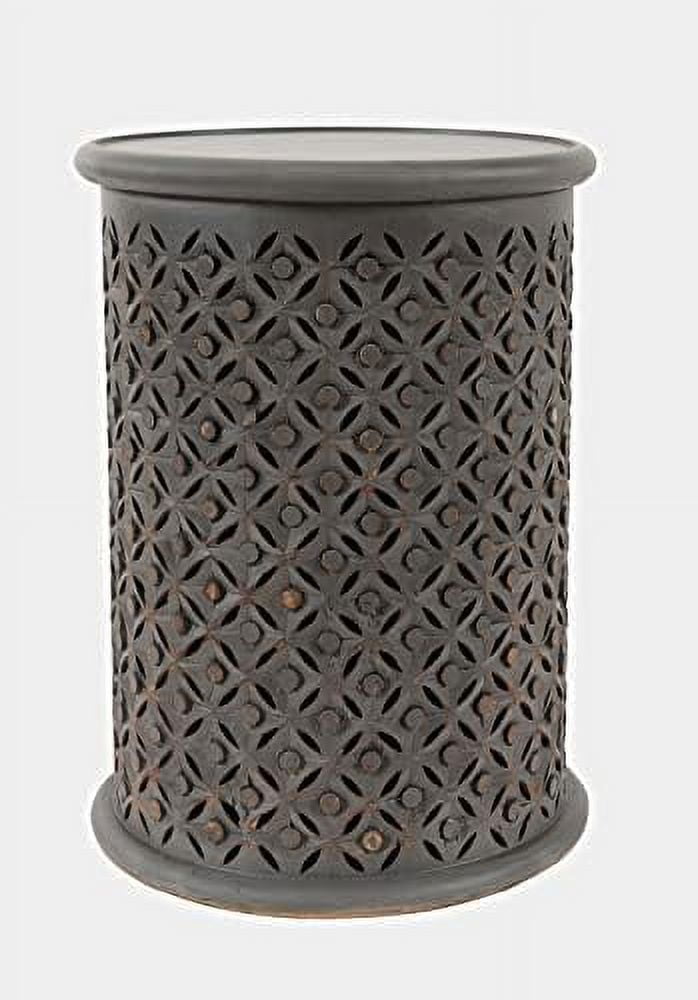 Transitional Hand-Carved 17" Round Drum Table in Antique Grey