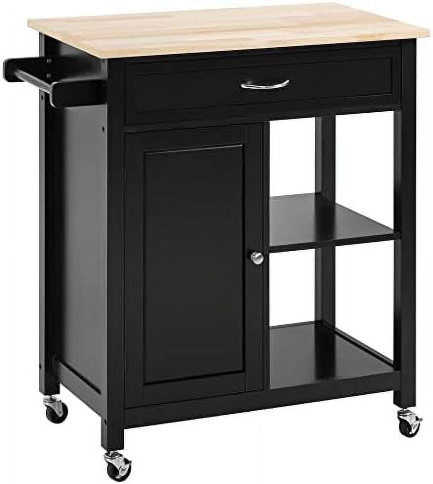 Elegant Black Solid Wood Butcher Block Kitchen Cart with Storage
