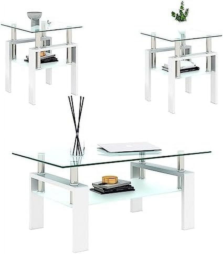 TJUNBOLIFE Living Room Tables Set 3 Piece Glass Coffee Table and End