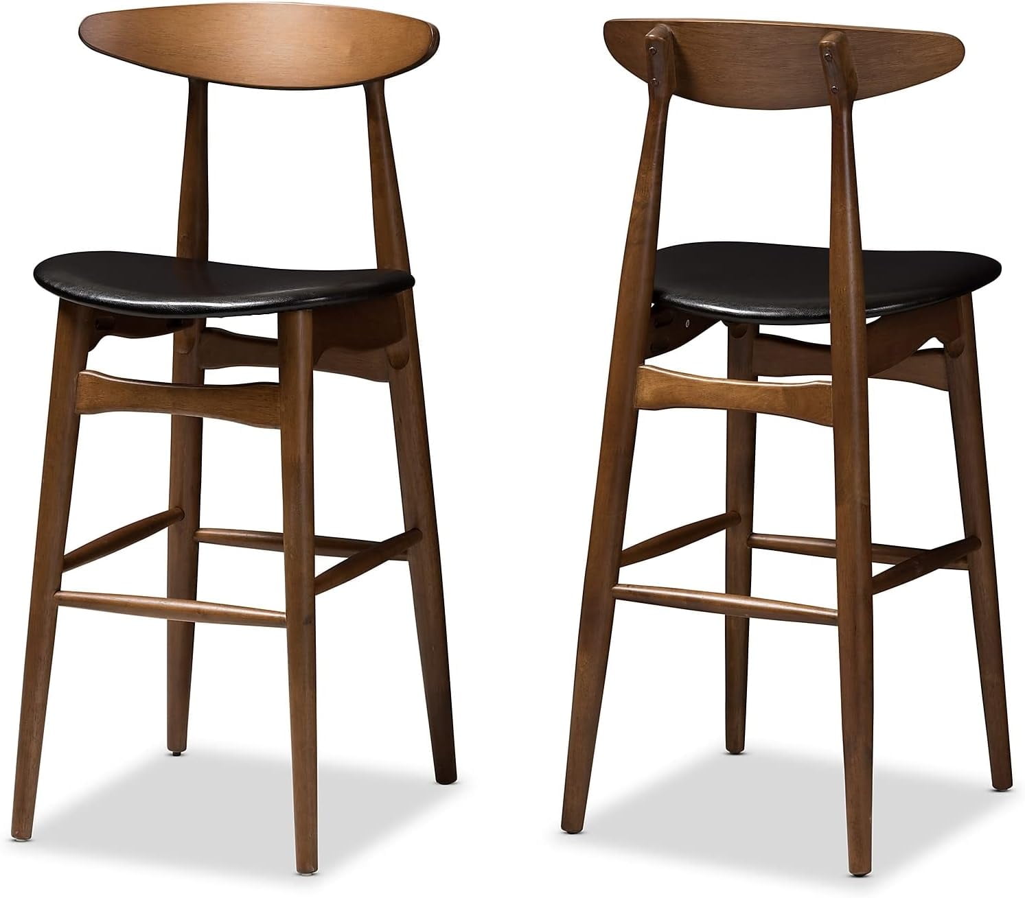 Set of 2 Walnut & Black Leather Mid-Century Barstools