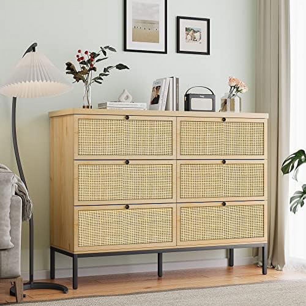 TJUNBOLIFE Modern Long 6 Drawer Dresser with Natural Rattan Drawers Industrial Wood Double