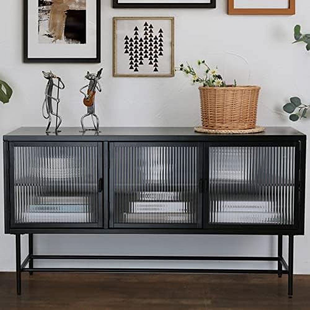 TJUNBOLIFE Modern Metal Glass TV Stand for 55" TV Floor Standing Media