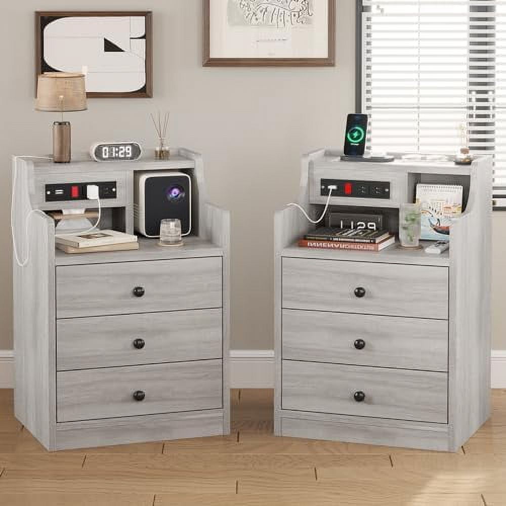 TJUNBOLIFE Nightstand with Charging Station Night Stand with Hutch