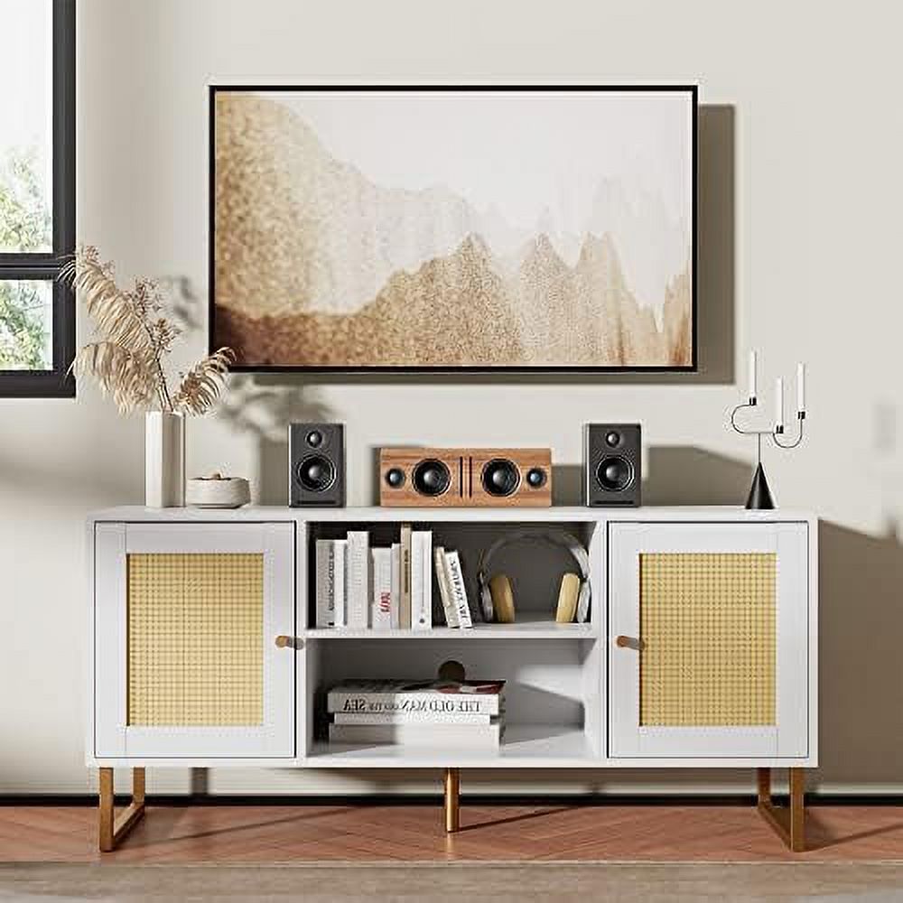TJUNBOLIFE Rattan TV Stand for 50/55 inch TV Entertainment Center with