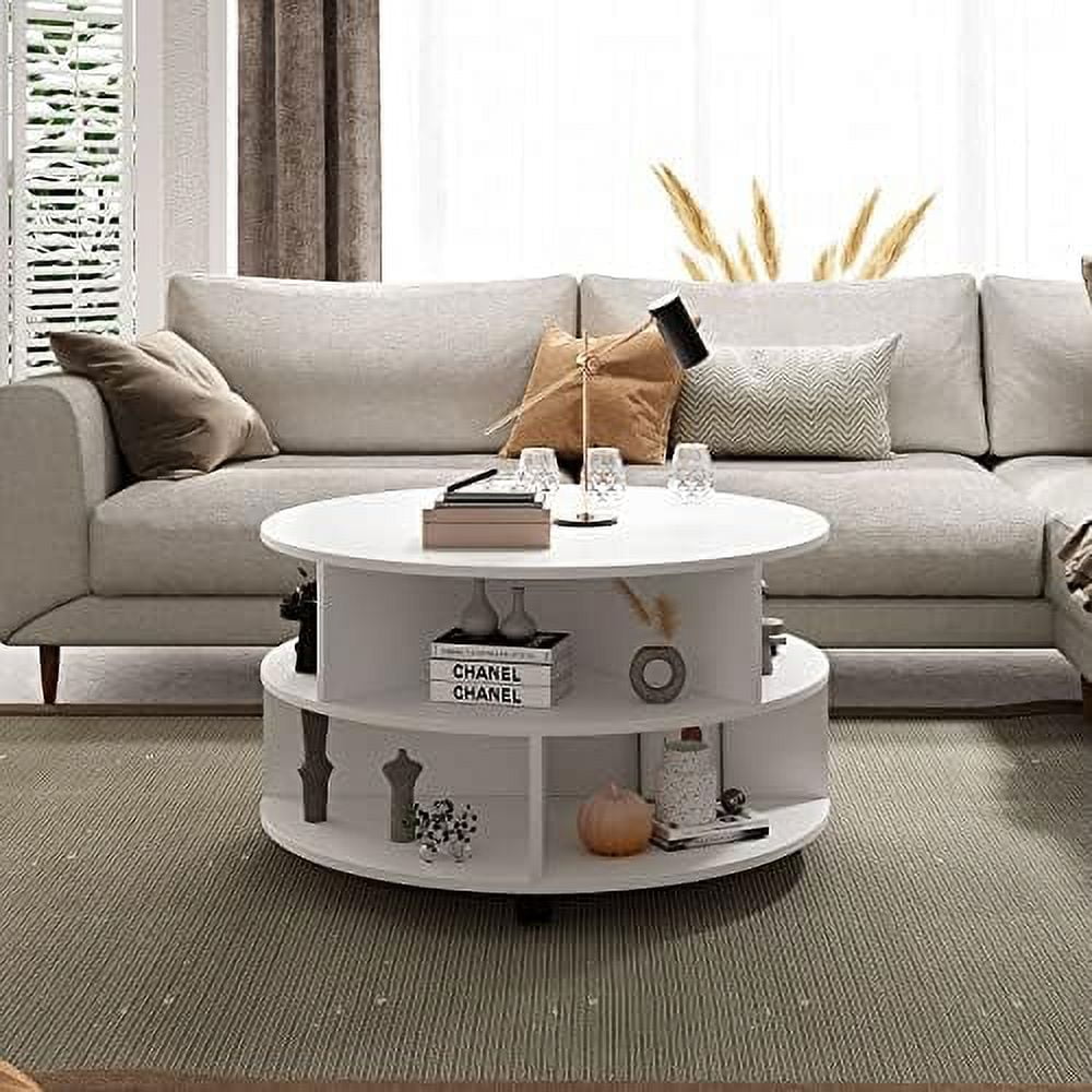 TJUNBOLIFE Round Coffee Table Living Room Table with 2-Tier 32 in Wood ...