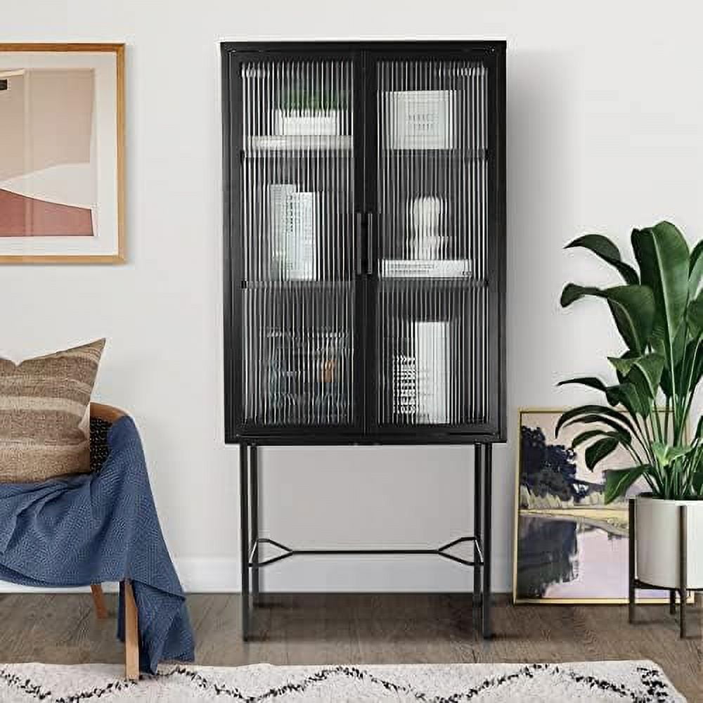 TJUNBOLIFE Tall Fluted Glass Door with 2Tier Adjustable Shelves Display Pantry