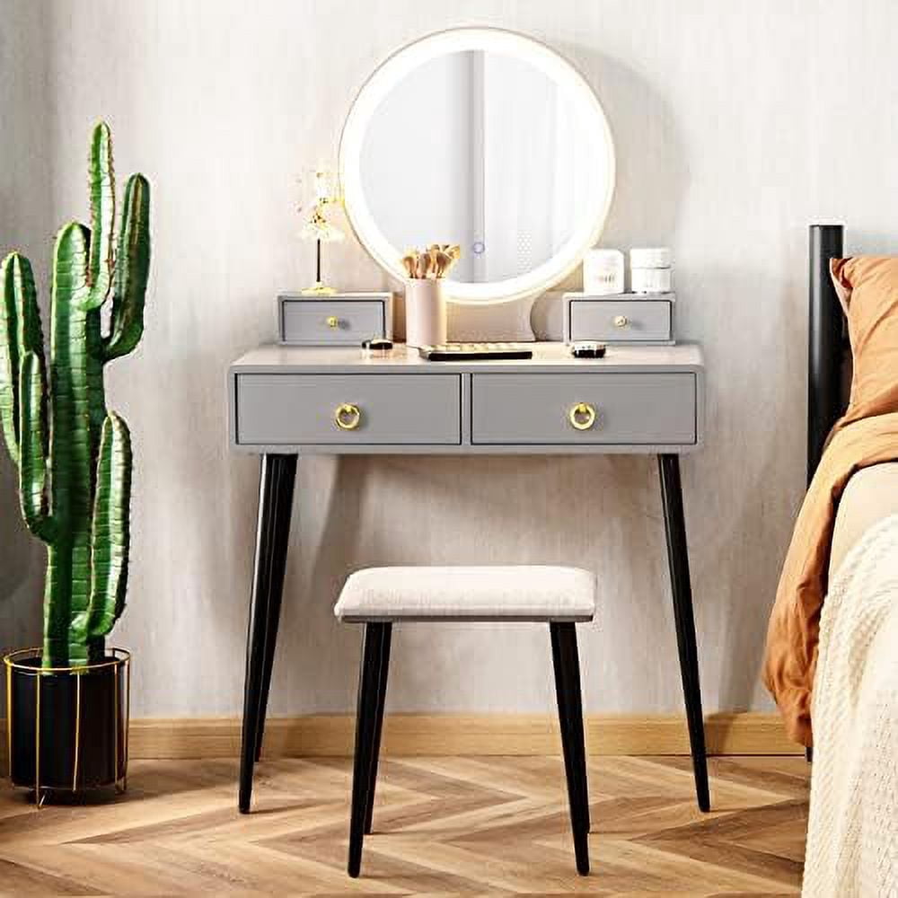 TJUNBOLIFE Vanity Table Set with 3 Color Dimming Lighted Mirror Makeup Dressing Table with 4 ...
