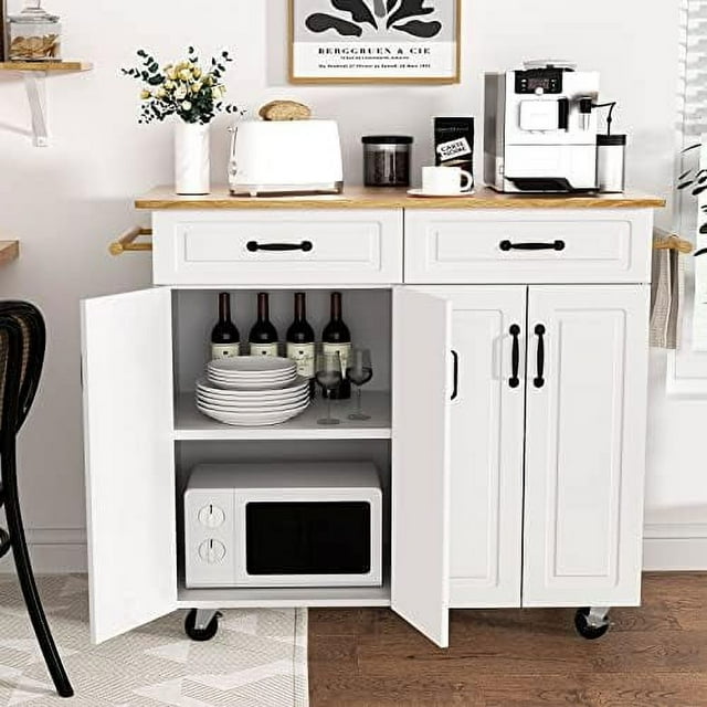 TJUNBOLIFE White Kitchen Island with on Wheels Rolling Kitchen Island