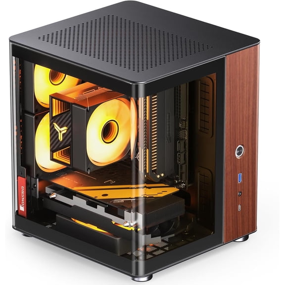 TK-0 Black ITX Mini Tower PC Case, Hyperboloid Glass Desktop Design,Separated Cabinet Structure, Al Alloy Shell DTX/ITX Walnut Wood Computer Case, Sff Case,Black