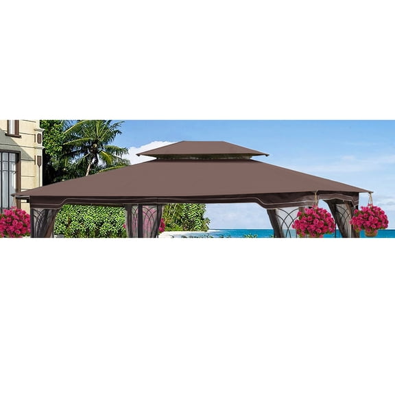 TK 13x10 Ft Patio Double Roof Gazebo Replacement Canopy Top Fabric,Brown