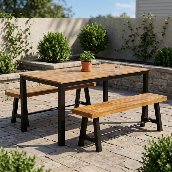 TK 3-Piece Outdoor Acacia Wood Dining Set 71" Rectangular Patio Table & 2 Benches
