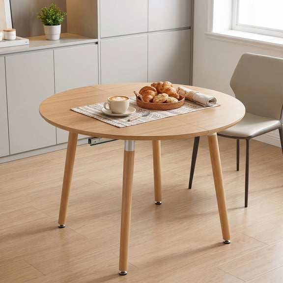 TK 3-in-1 Extendable Dining Table 43.3" Round to 74.8" Oval Kitchen Table with Solid Wood Legs & High-Gauge Whisper-Quiet Sliding Rails Heavy-Duty Mul
