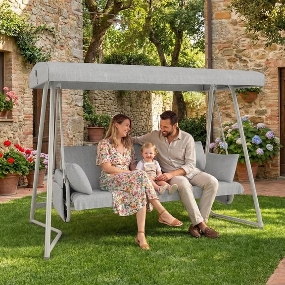 TK 3-in-1 Hanging Patio Swing Bed with Adjustable Canopy 3-Seater Supports 600 lbs 45 Tilt Canopy Outdoor Waterproof & Rust-Resistant champagne