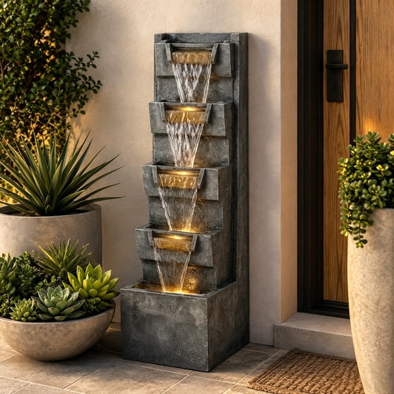TK 39.4" Outdoor Water Fountain Tall 4-Tier Cascading Waterfall Fountain with Warm LED Lights Stone-Look Resin Water Feature with Quiet Pump for Patio