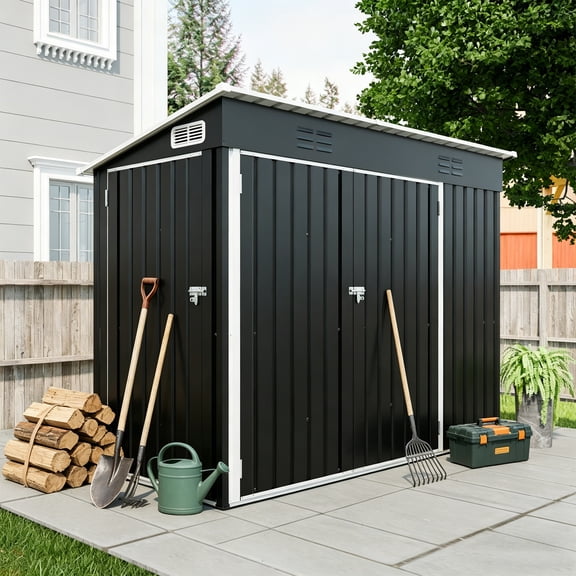 TK 4 x 8 FT Galvanized Steel Outdoor Storage Shed with 3 Access Doors Ventilated Weatherproof Metal Utility Shed for Garden Tools Bikes & Patio Equipm