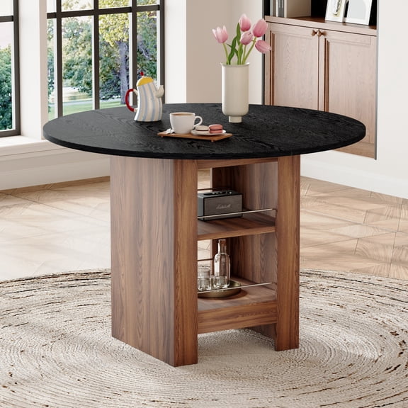 TK 42 inch round MDF black dining table: 30 inches high with double-layer storage shelves stable frame and non slip mats perfect for American kitchens