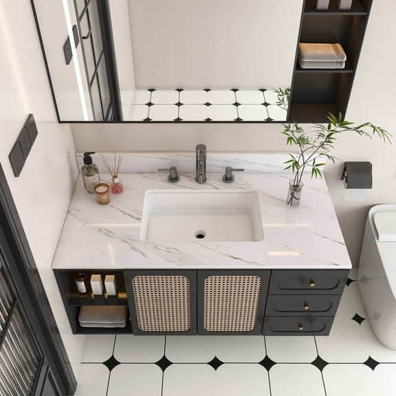 43 Inch Marble Vanity Top, Sintered Stone, White, Classic, for Bathroom