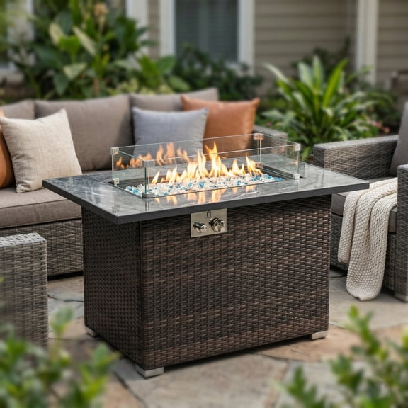 TK 44" Propane Gas Fire Pit Table 50000 BTU Rectangular Fire Pit Tile Tabletop with Beautiful Wicker Base for Outside Patio Deck Garden Courtyard-Brow