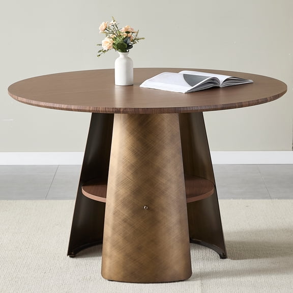 TK 47.25 Inch Round Dining Table Retro Style Brushed Texture SuItalyble For 4-6 People MDF Tabletop Metal Frame Walnut Wood Bronze Colombiaor.