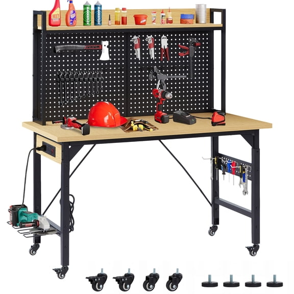 TK 48''Adjustable Workbench with pegboard Heavy Duty Wooden Desktop Workbench with Wheels 1600 lb. Load Capacity Rolling