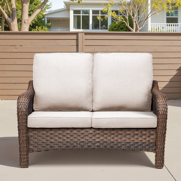 TK 49.6" PE Wicker Rattan Outdoor Furniture Couch Patio Loveseat with Beige Deep Seat Cushions