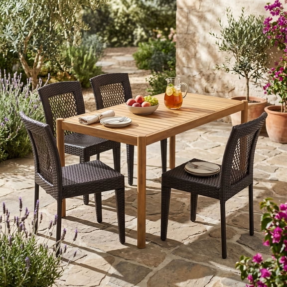 TK 5-Piece Outdoor Dining Set Acacia Wood Rectangular Patio Table & 4 PE Rattan Iron Frame Dining Chairs