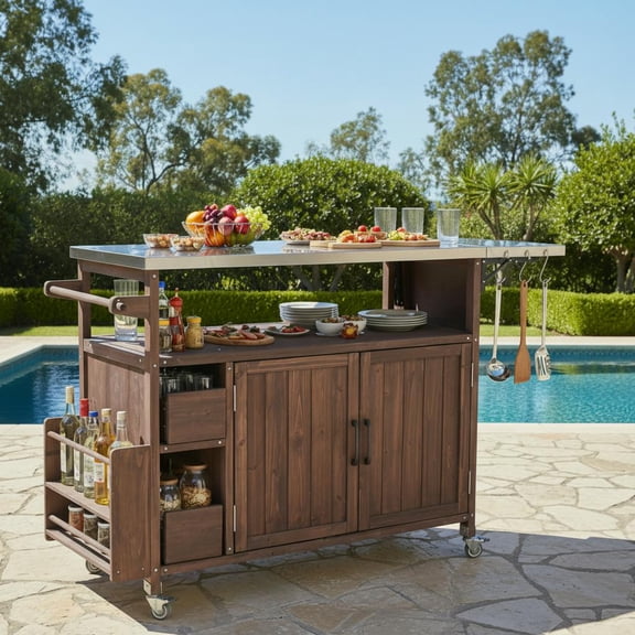 TK 54.33" Farmhouse Rolling Outdoor Kitchen Cart Solid Wood Frame with Stainless Steel Top Spice Rack Towel Rack Lockable Wheels & Multi-Functional St