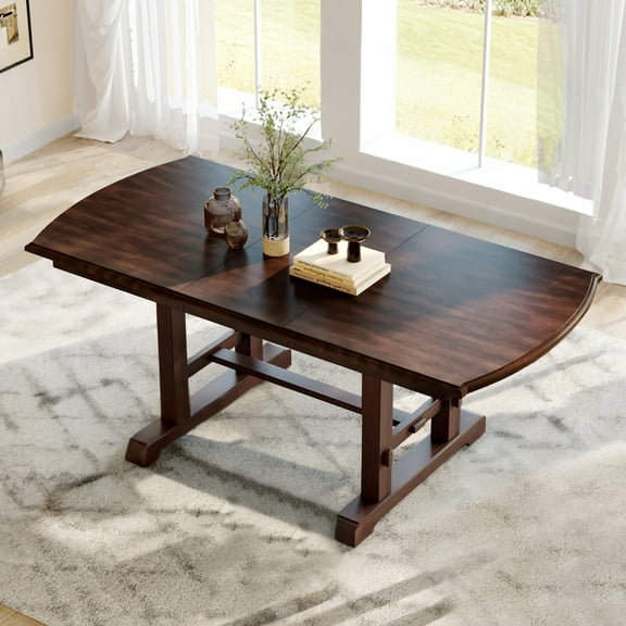 TK 59"-77" Extendable Dining Table Farmhouse Wooden Kitchen Table with Removable Leaf Large Expanding Table for 4-8 (Cherry)