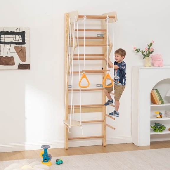 TK 6-in-1 Swedish Ladder Wall Gym Indoor Kids Playground with Swing Rope Ladder Pull-Up Bar Slide Gymnastic Rings Wooden Wall Mounted Indoor Play Set