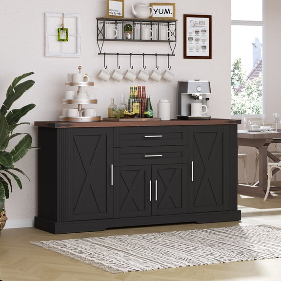 TK 63" Farmhouse Barn Door Storage Cabinet with 2 Drawers & Door Rack Large Buffet Table Coffee Bar Cabinets with Adjustable Shelves for Kitchen Livin