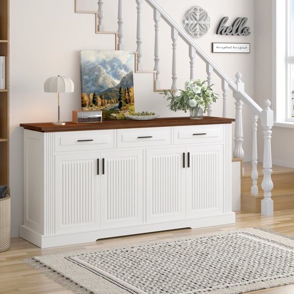 TK 63" Fluted Sideboard Buffet Cabinet with Storage Modern Coffee Bar Station with 4 Doors and 3 Drawers Kitchen Storage Console Table for Living Room