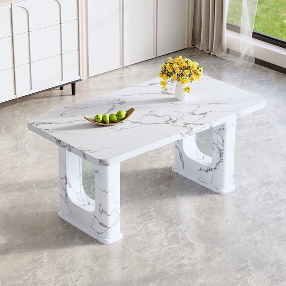 TK 64.5×35.4 Inch Stylish Marble-Patterned Dining Table Featuring Transparent Glass Design Delicate Texture and Minimalist Durability