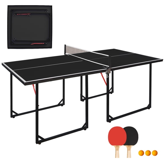 TK 6ft Mid-Size Table Tennis Table Foldable & Portable Ping Pong Table Set for Indoor & Outdoor Games with Net 2 Table Tennis Paddles and 3 Balls (Bla