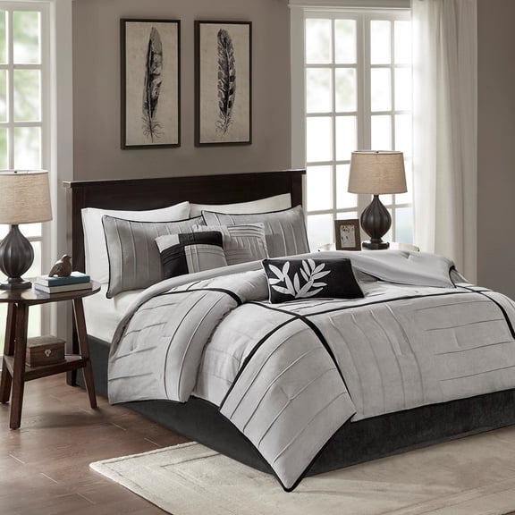 TK 7 Piece Faux Suede Comforter Set Grey Cal King