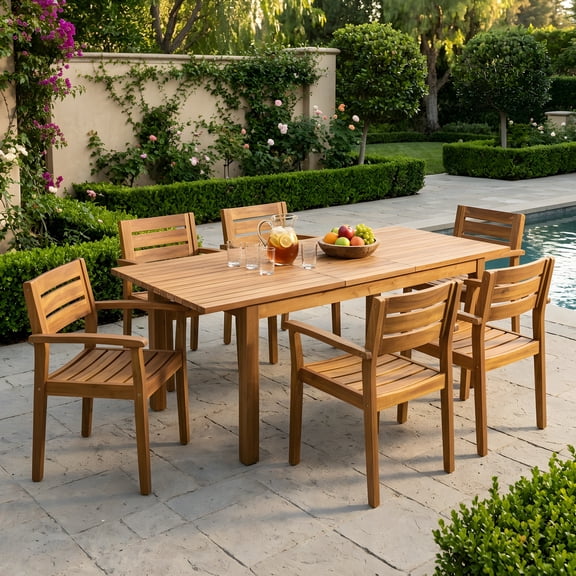 TK 7 Pieces Acacia Wood Outdoor Dining Set s,Modern 6 Chairs 1 Large Table,Dining Furniture Set for Lawn Backyard Garden