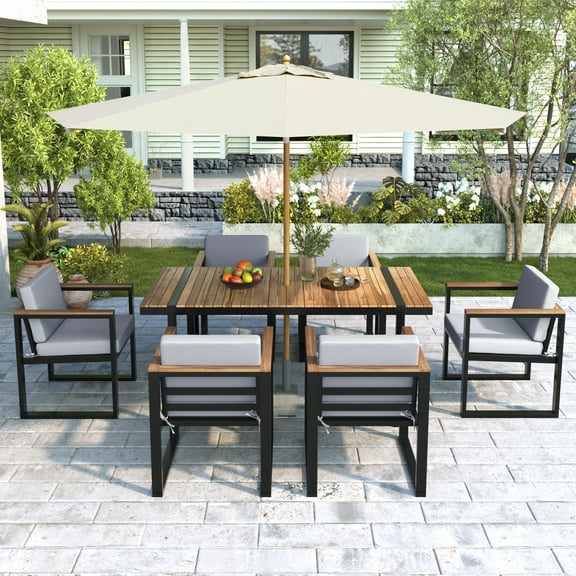 TK 7 Pieces Outdoor Dining Set Patio Dining Table and Chair Set with and Removable Cushions for Patio Backyard Garden Grey