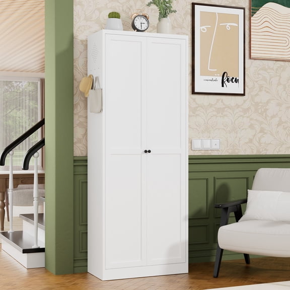 TK 72" White Metal Kitchen Pantry Cabinet with Doors Heavy-Duty Freestanding Storage Organizer with 5 Adjustable Shelves Tool-Free Assembly for Pantry