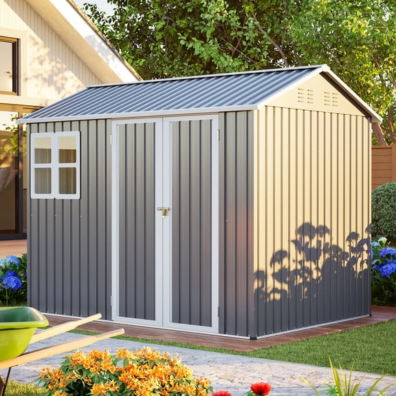 TK 8'x6' Large Steel Storage Shed with Window Lockable Doors & Sloped Roof Heavy Duty Outdoor Tool Shed for Garden Patio Backyard Lawn - Dark Gray