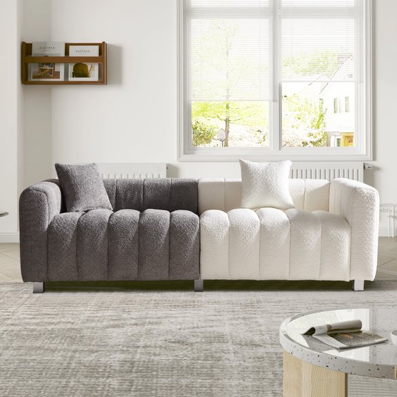 TK 83.46'' Premium Velvet Sofa 3-Seater Loveseat Modern Bubble Upholstered Couch with Metal Base Legs and 2 Pillows for Living Room Bedroom.