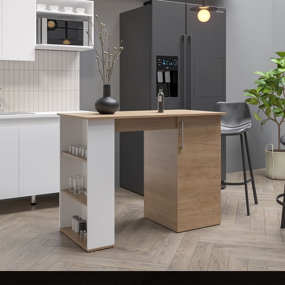 TK Allen 47" Wide Kitchen Island One Cabinet and Five Shelves Bar Table Dinning Table. Pub Table White- Natural Oak